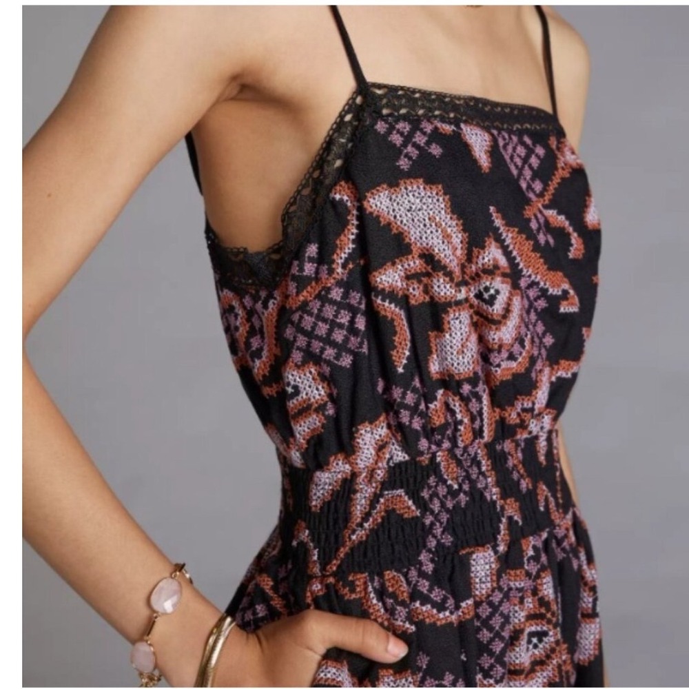 Anthropologie Embroidered Cross Stitch Floral Midi Dress Black Small Lace Trim - Picture 3 of 14